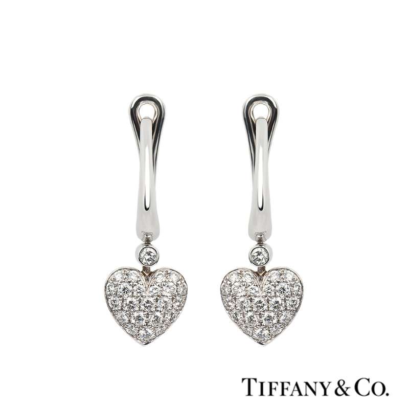 Tiffany & Co. Diamond Pave Heart Drop Earrings in Platinum | Rich Diamonds